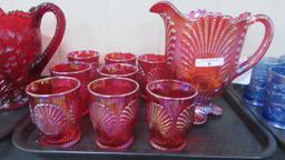 Contemporary Carnival Glass 9pc red Beaded Shell water set
