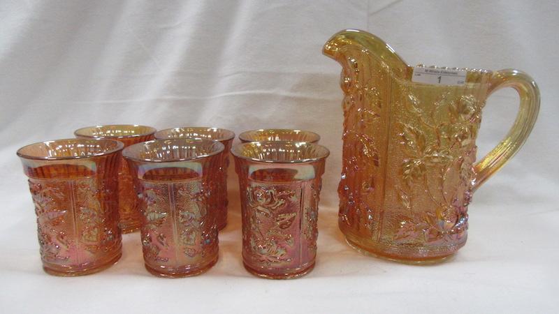 Contemporary Carnival Glass IG 7 pc Open Rose water set in marigold