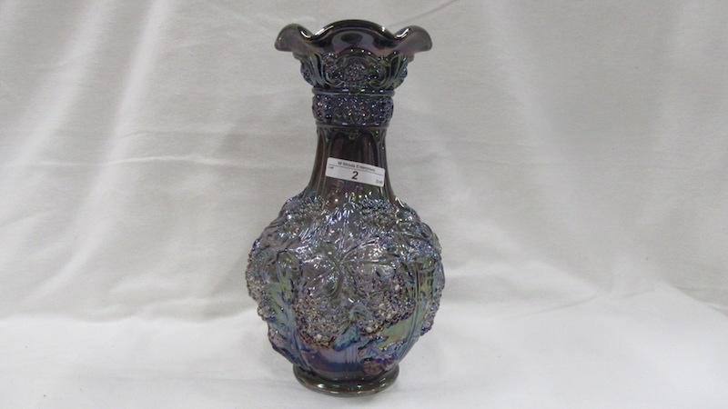 Contemporary Carnival Glass IG smoke Loganberry vase