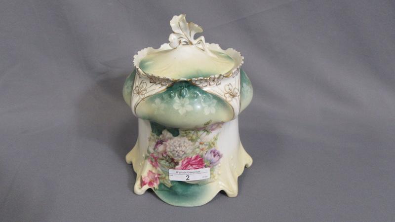 RS Prussia Point & Clover mold biscuit jar w/Glass Bowl of Flowers