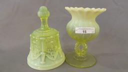 Vaseline opal Beaded Panel compote & Fenton bell