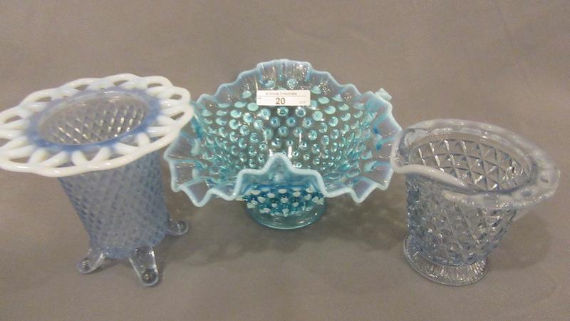 3 pcs. blue opal incl. Hobnail compote Imperial, Fenton, and Duncan Miller