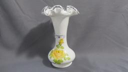 Fenton 7" silver crest painted yellow rose vase