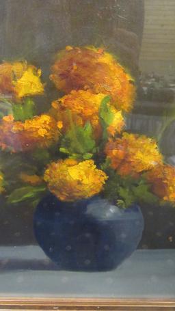 Oil on Canvas Still life "Marigolds" 14x 18" framed Circa 1930's