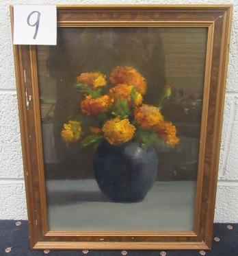 Oil on Canvas Still life "Marigolds" 14x 18" framed Circa 1930's