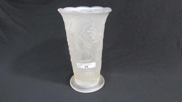 Fenton Peacock Garden Vase 1935 8" crystal satin ( frosted) w/ flared top.