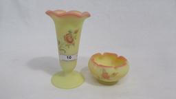 Fenton Burmese M. Walrath  3" Vase and Rosebowl