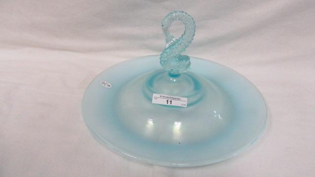 Fenton Blue Opal Stretch Dolphin Handle Sandwich Tray #218