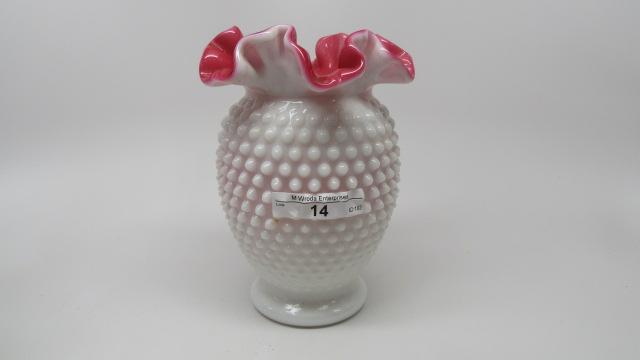 Fenton 6" rose cased hobnail vase