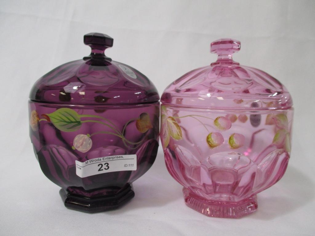 2 Fenton  covered 4.5" decorated dresser jars