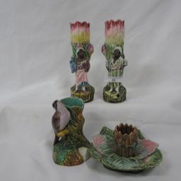 Majolica match holder and 3 figural vases