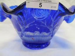 Fenton Cobalt Decorated Snow Scene 8" Basket