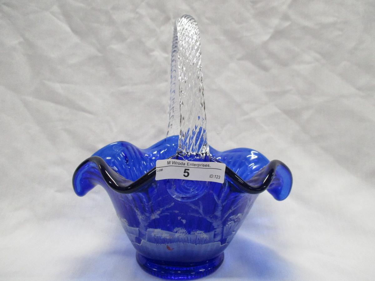 Fenton Cobalt Decorated Snow Scene 8" Basket