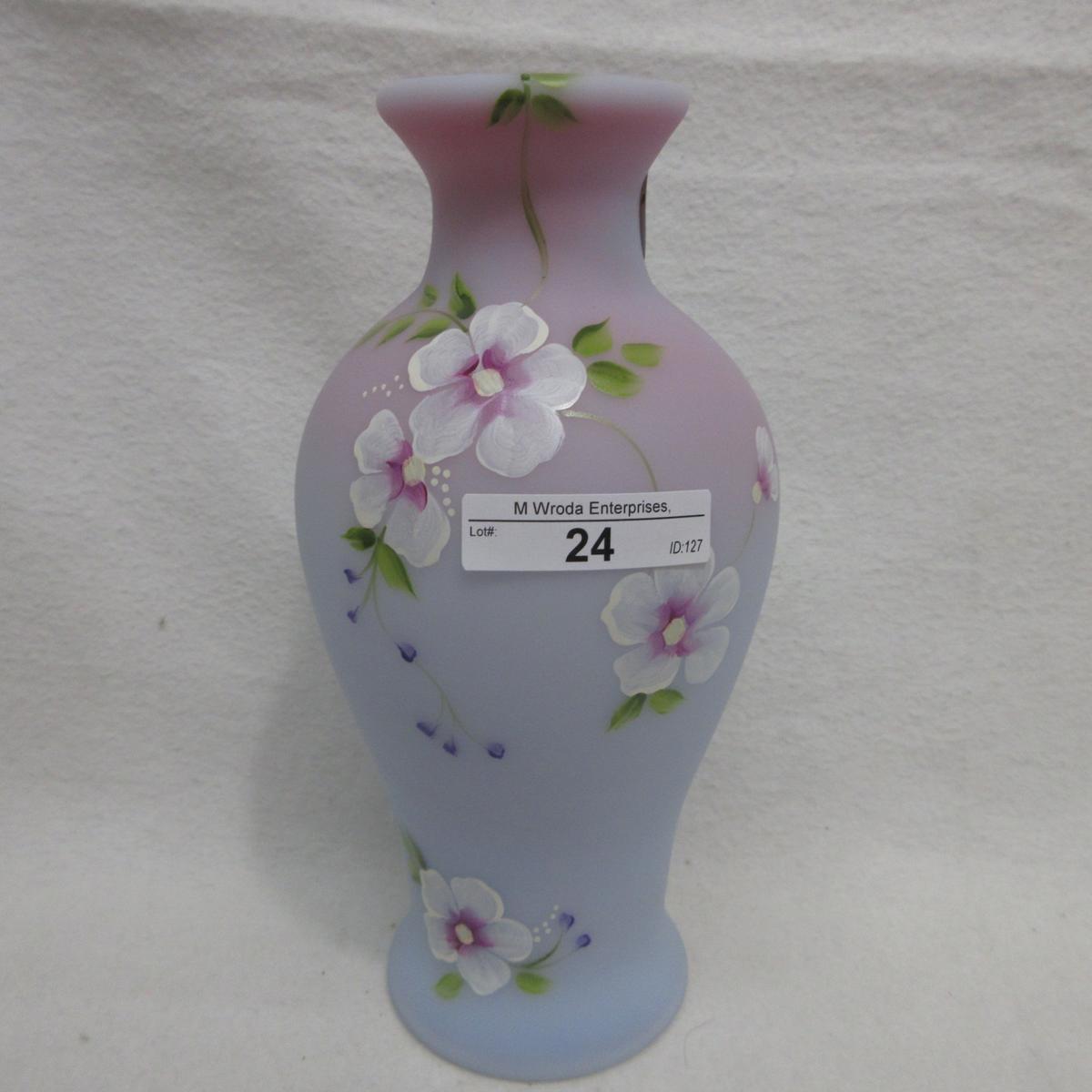 Fenton 8" HP Blue Burmese Vase - Caplinger Signed by Shelley Fenton