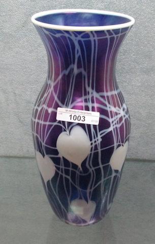 Imperial Freehand 10"� iridized cobalt Leaf & Vine vase w/ snow crest rim.