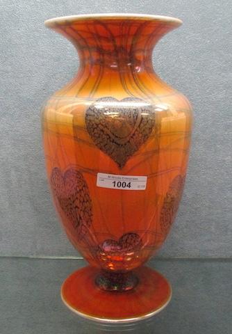 Imperial Freehand 11.5"� orange on milk glass Pond Lily footed vase w/ part