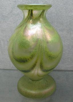 Imperial Freehand 9.5"� Iridized green on crystal Drag Loop vase, polished