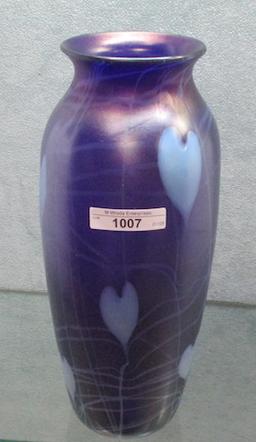 Imperial Freehand 11.25" iridized cobalt Leaf & Vine vase w/ sky blue leaf.