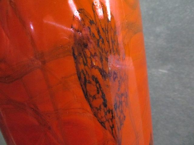 Imperial Freehand 11.25"� iridized orange on milk glass Pond Lily vase, pol