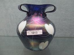 Imperial Freehand 6.25" � iridized cobalt Leaf & Vine vase w/ white leaf &