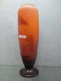 Galle 14.5"� cameo footed vase w/ large landscape decor of small wooden boa