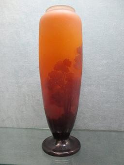 Galle 14.5"� cameo footed vase w/ large landscape decor of small wooden boa