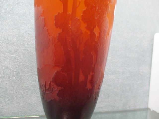 Galle 14.5"� cameo footed vase w/ large landscape decor of small wooden boa