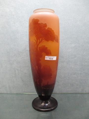 Galle 14.5"� cameo footed vase w/ large landscape decor of small wooden boa