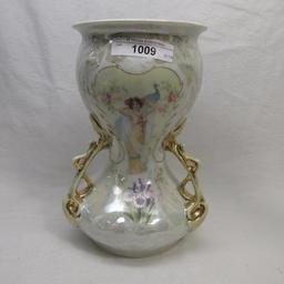 ES Germany 8" 3 handled vase w/ Lady & Peacock. some gold wear to handles