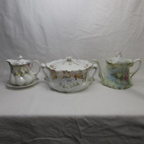 UM and RS Prussia teapot- syrup pitcher and cracker jar as shown