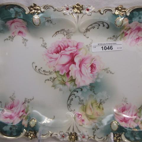 RS Prussia 11 x 7" floral dresser tray w/ opals and gols trim.