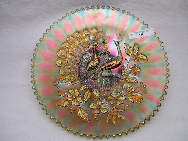 Nwood 9"  green Peacocks plate. WOW!