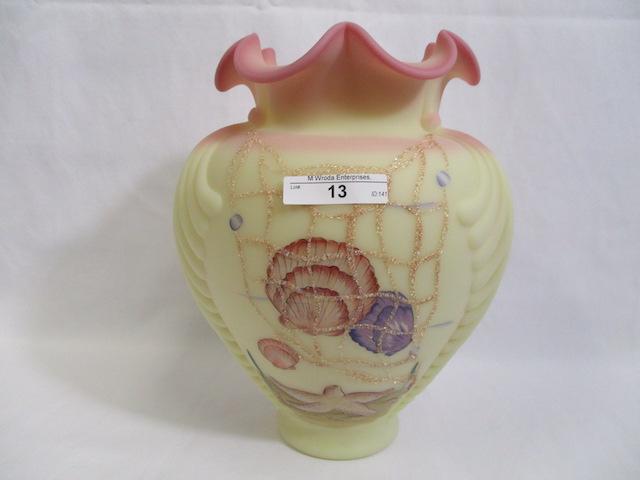 Fenton 10" burmese feather vase w/ sea decor