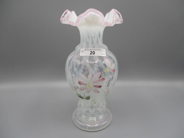 Fenton 9" HP FO Pink Crested Lattice Vase