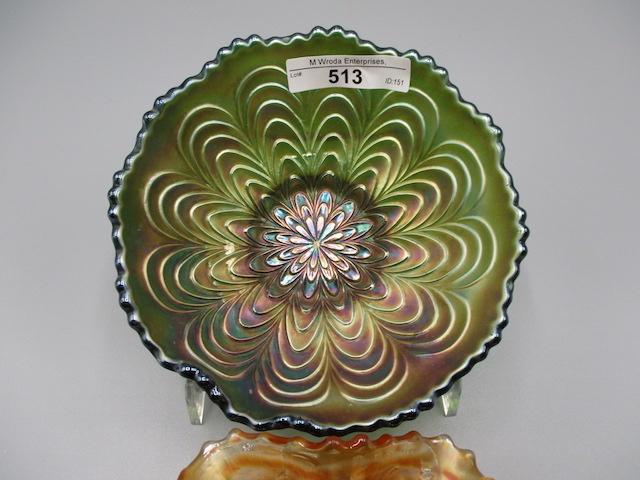 Fenton 5" green Peacock Tail bowl & mari. Sailboats bowl