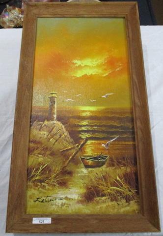 Oil on Board 24x12" Seascape w/lighthouse signed Letauber