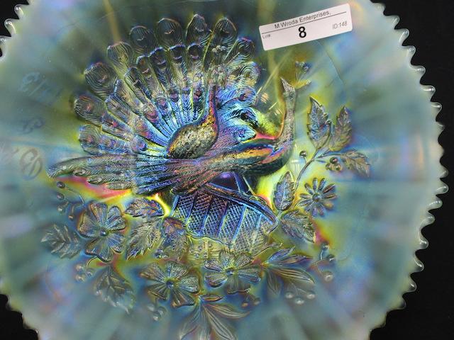 Nwood 8.5" bright AO Peacocks ruffled bowl. SWEET! Etched Bell F. 1913  Thi