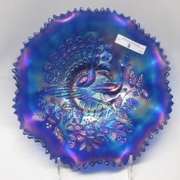 Nwood 8.5" blue Peacocks ruffled bowl. close to electric!