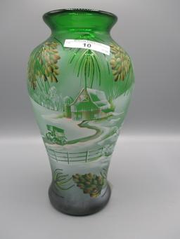 Fenton green vase, 9" tall, painted w/snow scene-- Barn, car, pine boughs,