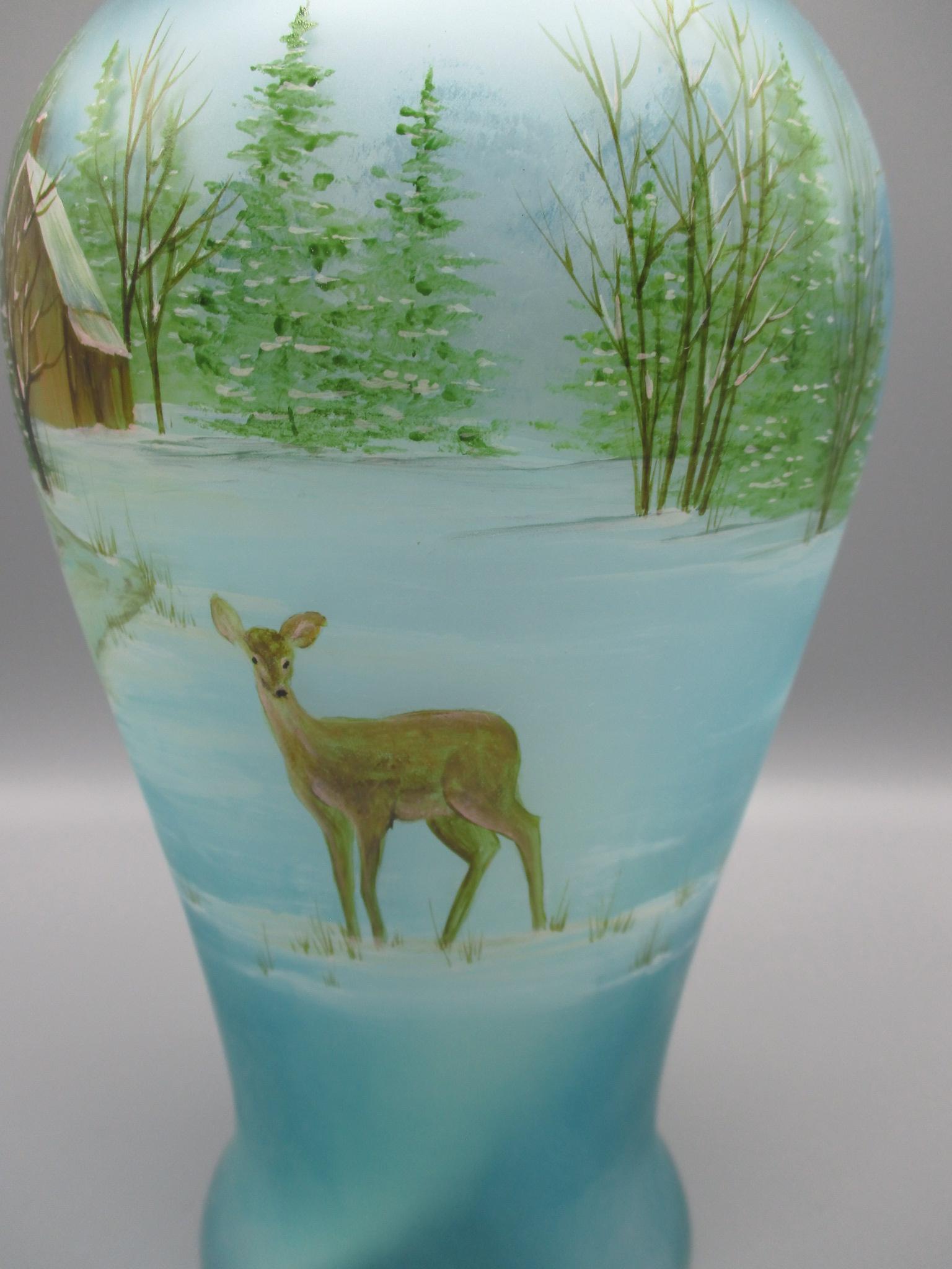 Fenton green vase w/snow scene, deer, house, barn, treen. 2014 HP by Franci