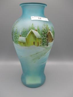 Fenton green vase w/snow scene, deer, house, barn, treen. 2014 HP by Franci