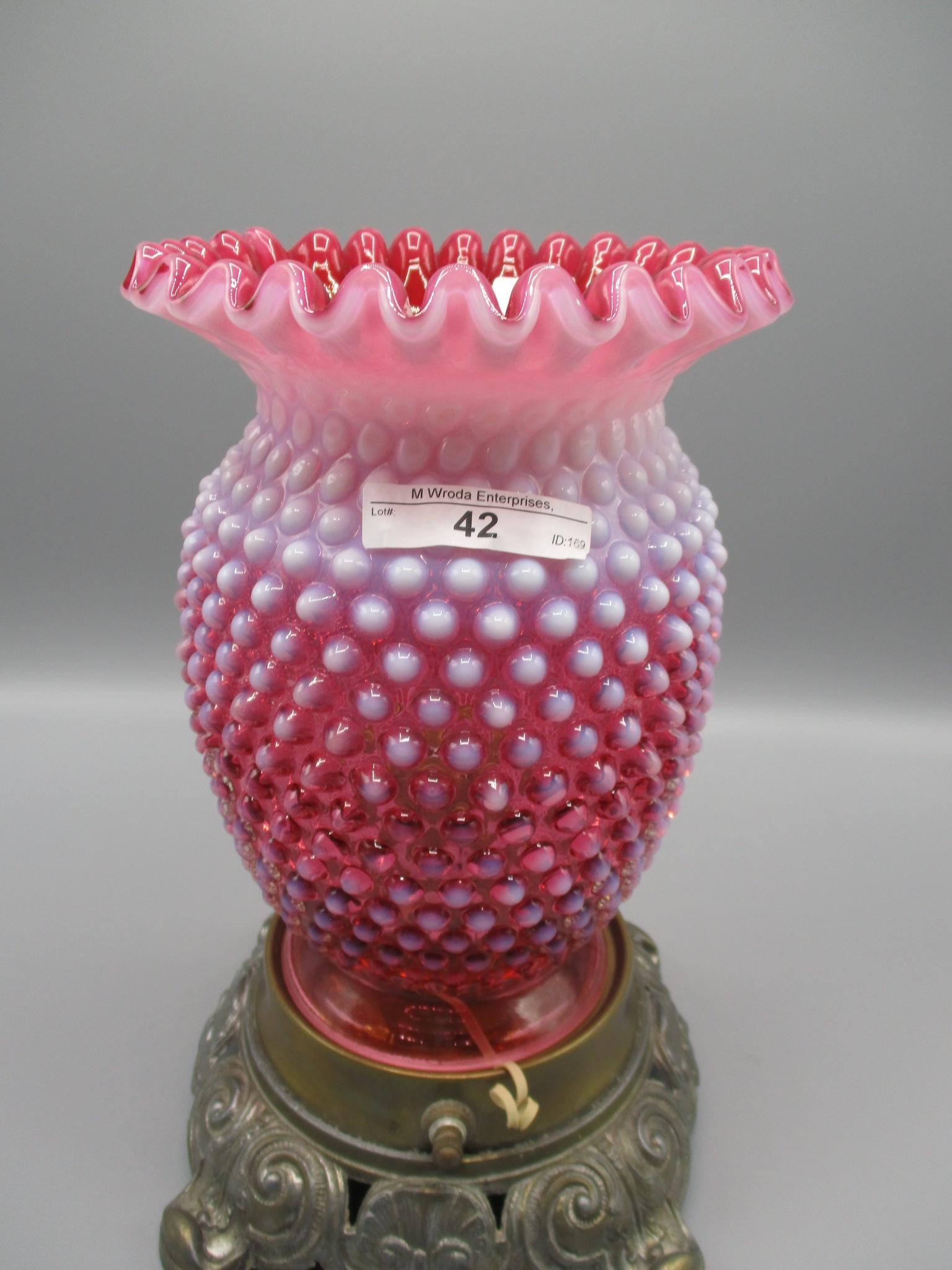 Fenton cranberry opalescent Hobnail 8" pie crimped shade vase-Yes it works!