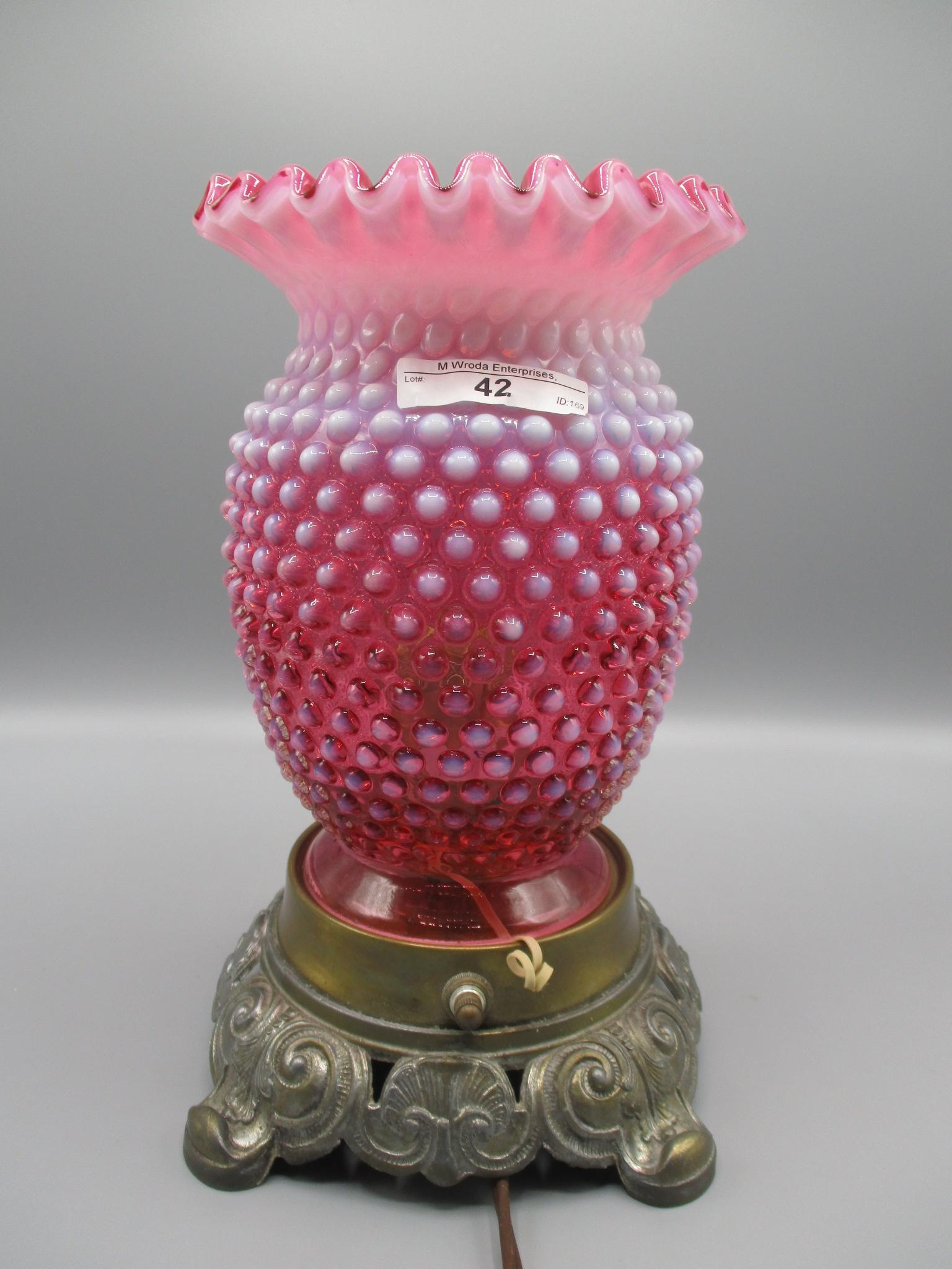 Fenton cranberry opalescent Hobnail 8" pie crimped shade vase-Yes it works!