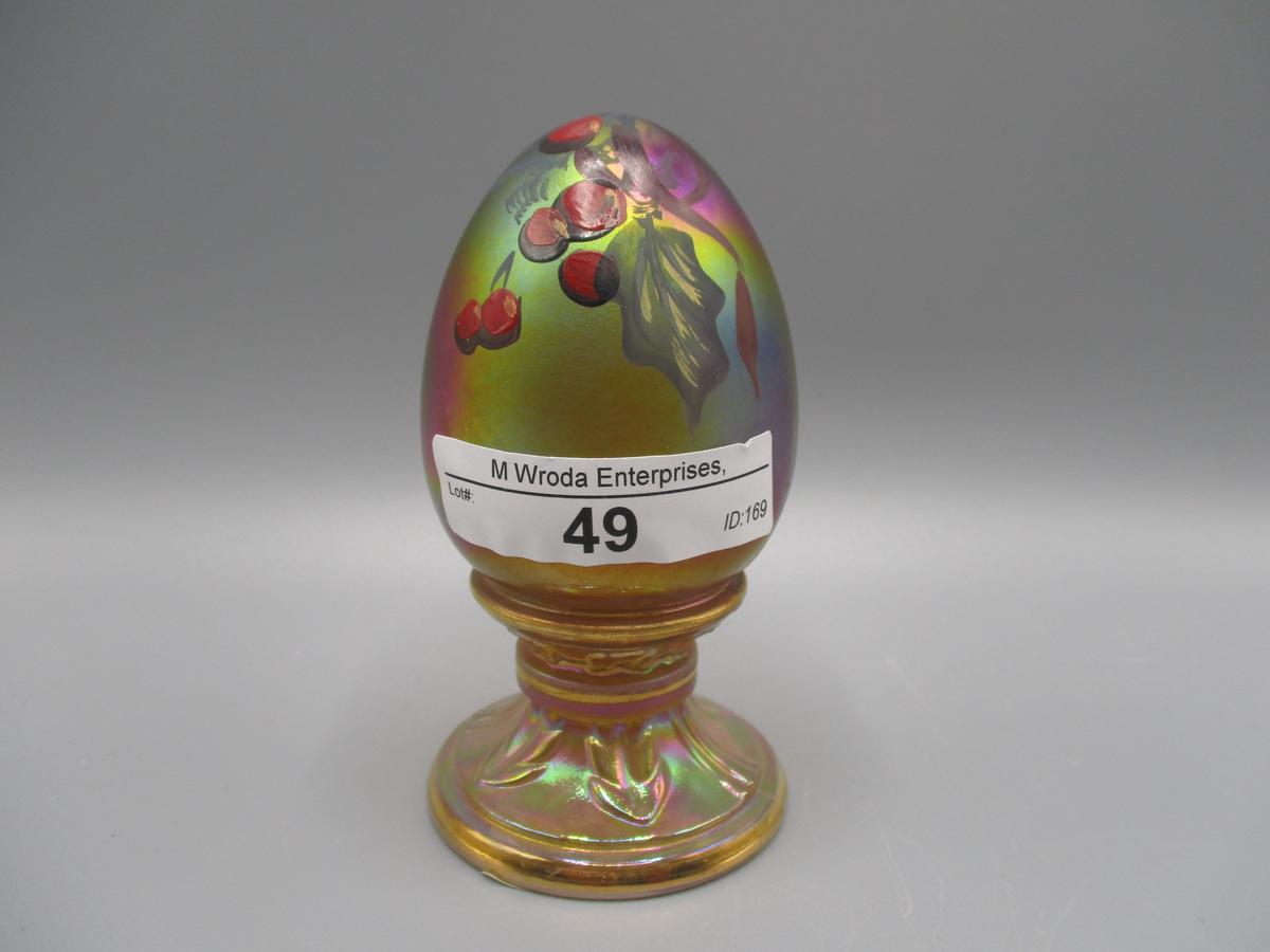 Fenton iridized egg on pedistal w/Red Berries and green leaves.  HP by S Al