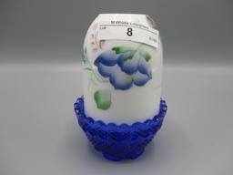 Fenton fairy lamp-Milk glass top w/blue flowers, green leaves w/pink cobalt