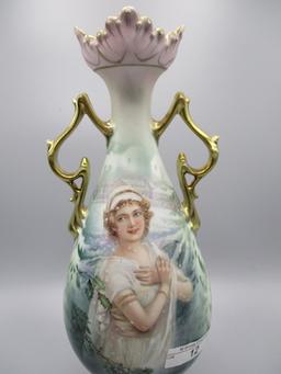 RS Prussia 10" Winter Season vase in satin finish w/ gold handles. Petal fe