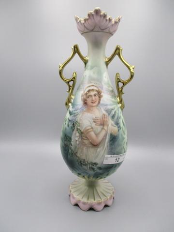 RS Prussia 10" Winter Season vase in satin finish w/ gold handles. Petal fe