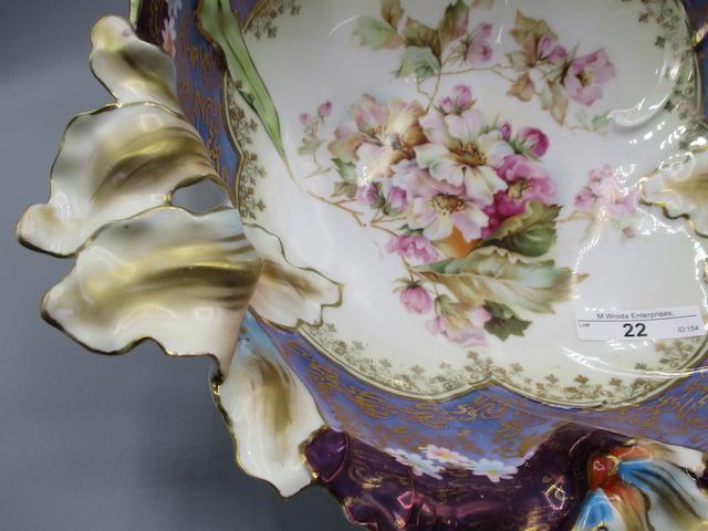 RS Prussia 11" Blown out Iris floral bowl w/ Wild Roses decor. Large folded