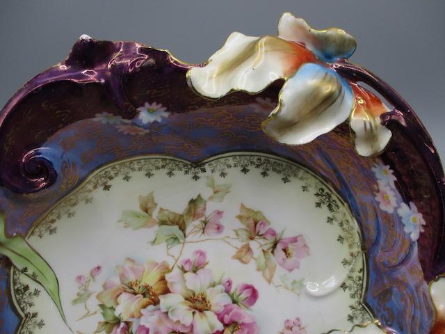 RS Prussia 11" Blown out Iris floral bowl w/ Wild Roses decor. Large folded