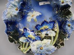 RS Prussia 11" Carnation mold cobalt floral bowl w/ gold traced carnations.